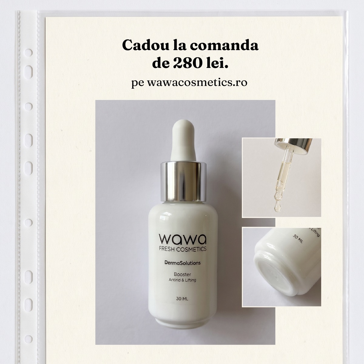 Wawa DermaSolutions Booster bottle with dropper and cap detail shots, promoting a gift at 280 lei.