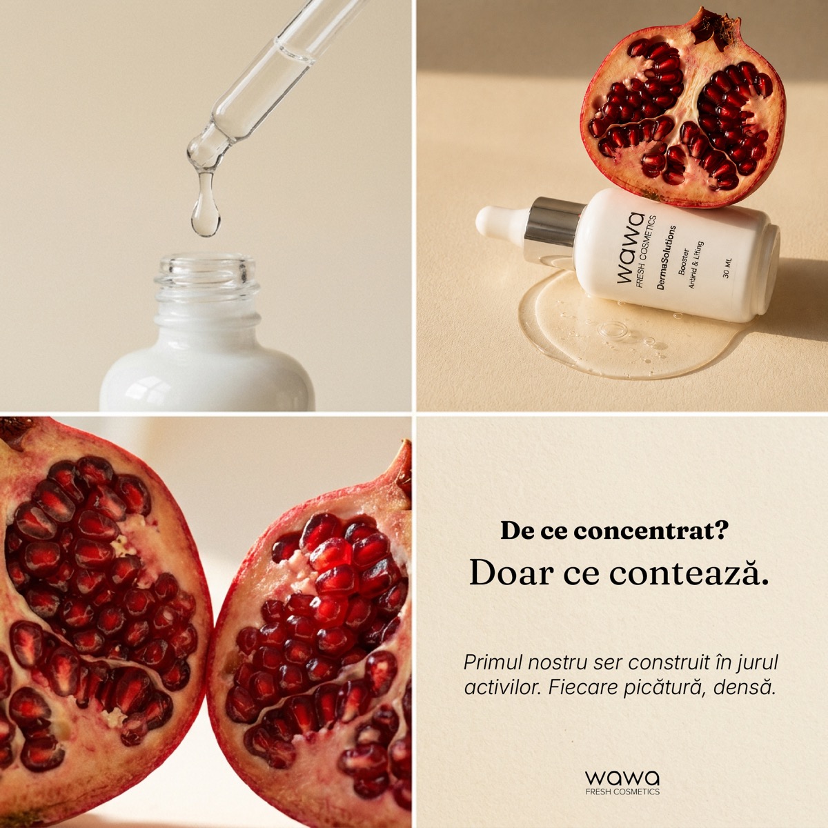 Four-panel collage of the Wawa Booster dropper, the pomegranate campaign, and a pomegranate macro.