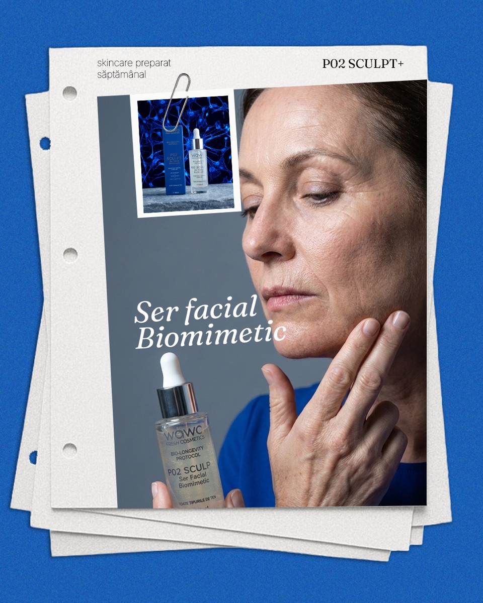 A woman holding the Wawa P02 Sculpt serum to her face.