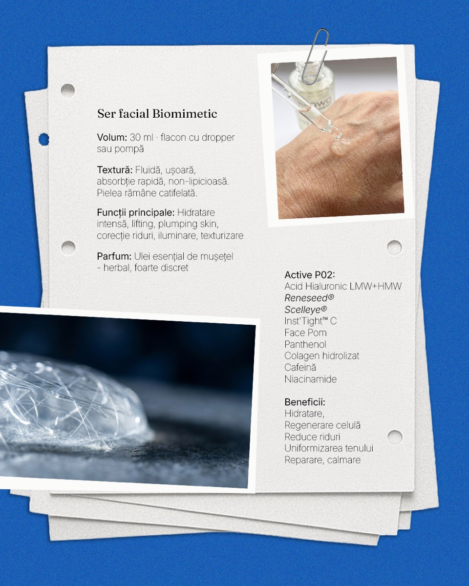 Product spec sheet for the P02 Sculpt serum with a hand-and-dropper photo and a texture macro.