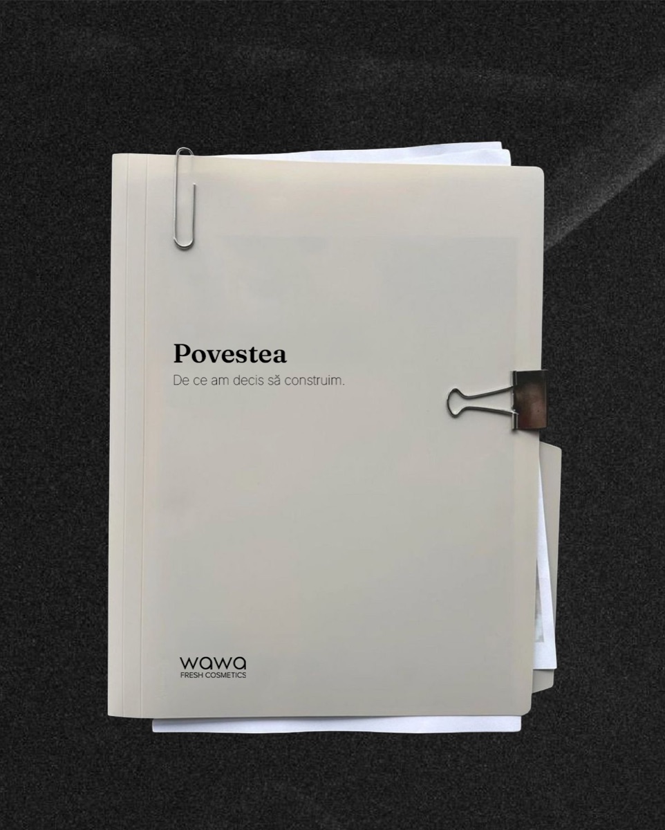 The Wawa Povestea brand book cover, a folder clipped shut.