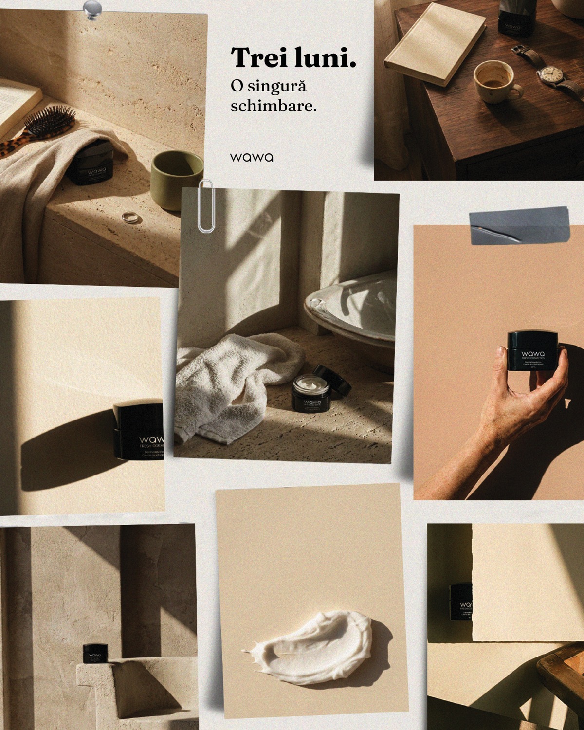 A nine-panel Wawa mood board: bathroom shelf, bedside table, window light, and cream texture.